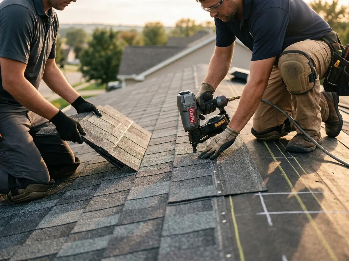 Professional roofer working on a residential roof in Monaca